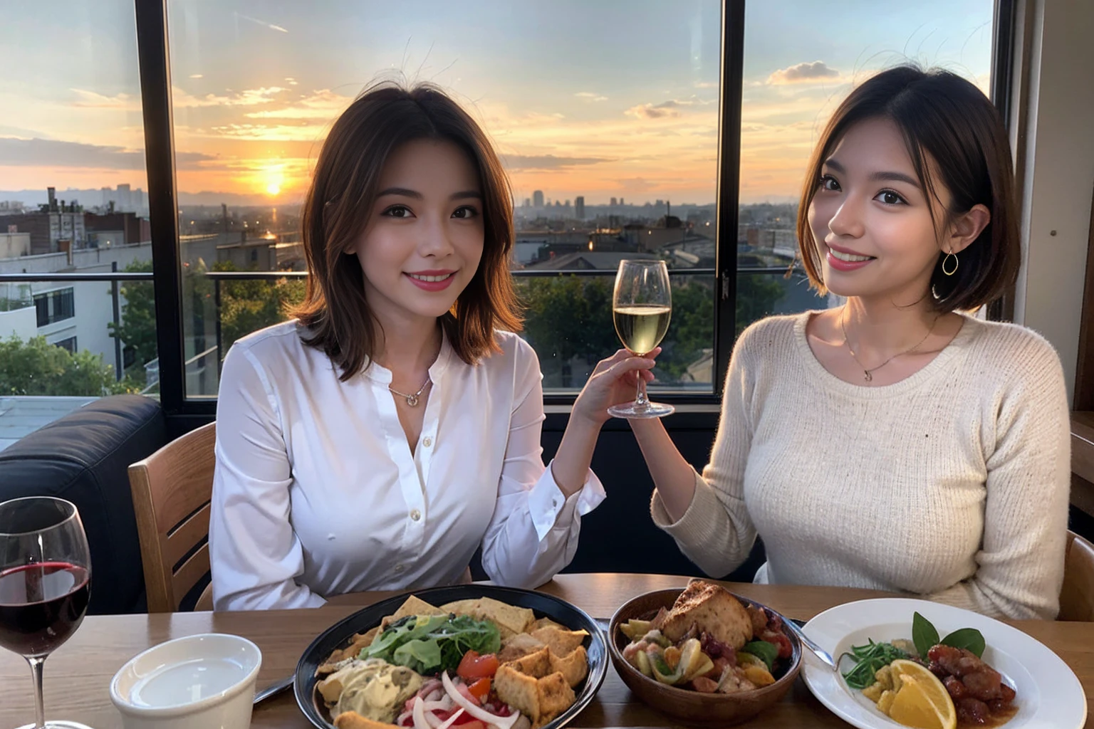 (Realistic:1.1),(masterpiece,Highest quality),8k,(40 years old), 44 years old, slimカップル、Model Couple、actress/actor、Tight waist,Upper Body,full-course dinner、wine 、Amazing view of the sunset sky and clouds、Perfect Anatomy, Brown Hair, short hair,Random Hairstyles,((Highly detailed face and eyes:1.2))(cute顔:1.4),美しいactressの顔,Perfect golden ratio face,Long sleeve shirt、dress,(smile:1.2)、Shortcuts、cute、(Realistic, Intricate details:1.2), A bright smile、short hair,Bright Face、赤wine 、Appetizers、Italian food、wine bottle、Champagne、スパークリングwine、(slimな顔), (The body is slim), (Brown Hair), (Shortcuts), Upper Body, 白wine, slim, wineグラス,