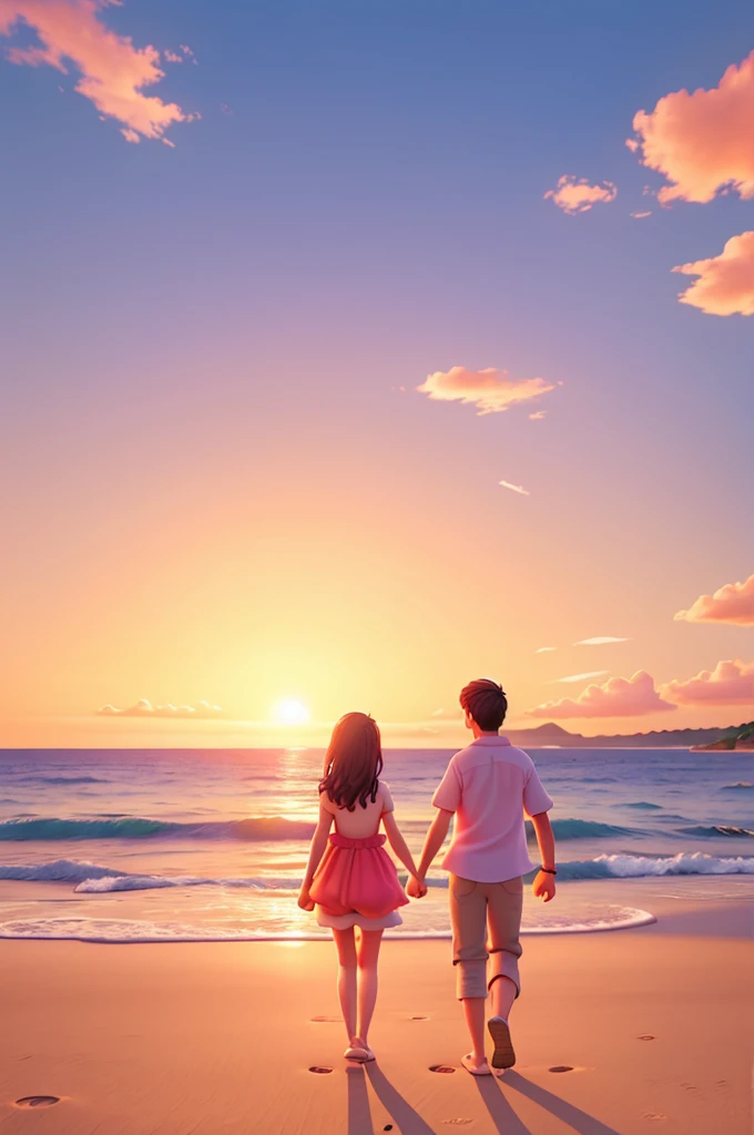 Description: Draw a couple enjoying a sunset on the beach. The couple could be walking along the shore, Holding hands, with a sky full of warm colors like orange and pink. Elements: Sun setting on the horizon, calm sea, and a feeling of calm and love in the environment.