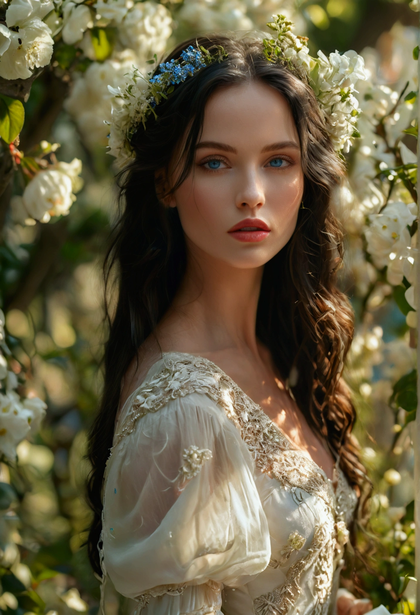 a beautiful woman with long dark hair, stunning blue eyes, full lips, high cheekbones, intricate detailed face, elegant expression, wearing a beautiful white dress, standing in a lush garden with flowers and trees, soft natural lighting, cinematic composition, highly detailed, photorealistic, 8k, best quality, intricate details