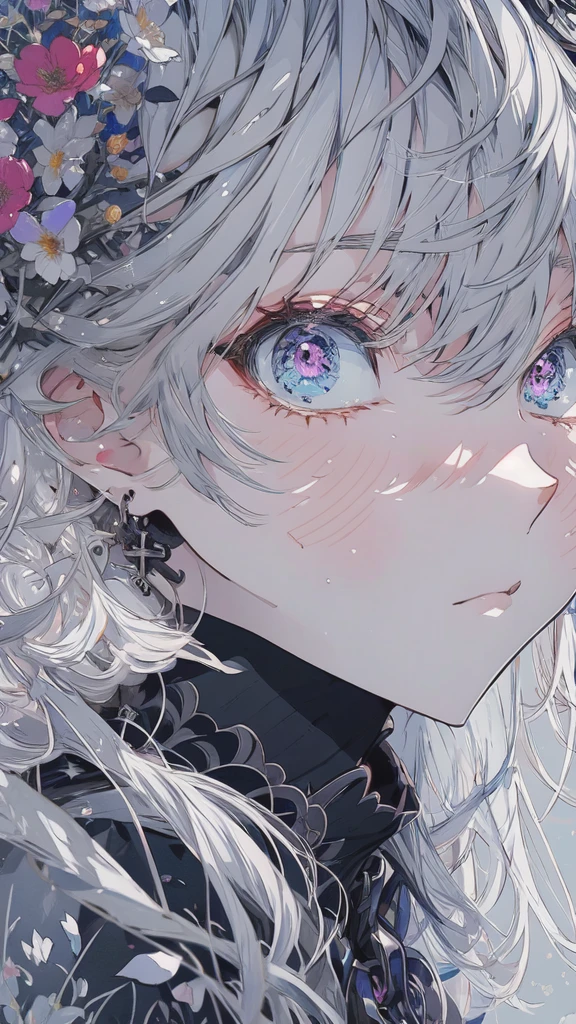 Anime girl with long white hair and a black dress surrounded by flowers, Detailed anime art, Silver Hairの少女, Detailed anime artwork, Gray-haired神, Gray-haired, From Arknights, clean Detailed anime art, Beautiful anime portraits, Silver Hair, Beautiful anime artwork, Detailed digital anime art, Gray-haired少女, Detailed Key Anime Art, Detailed Anime Character Art