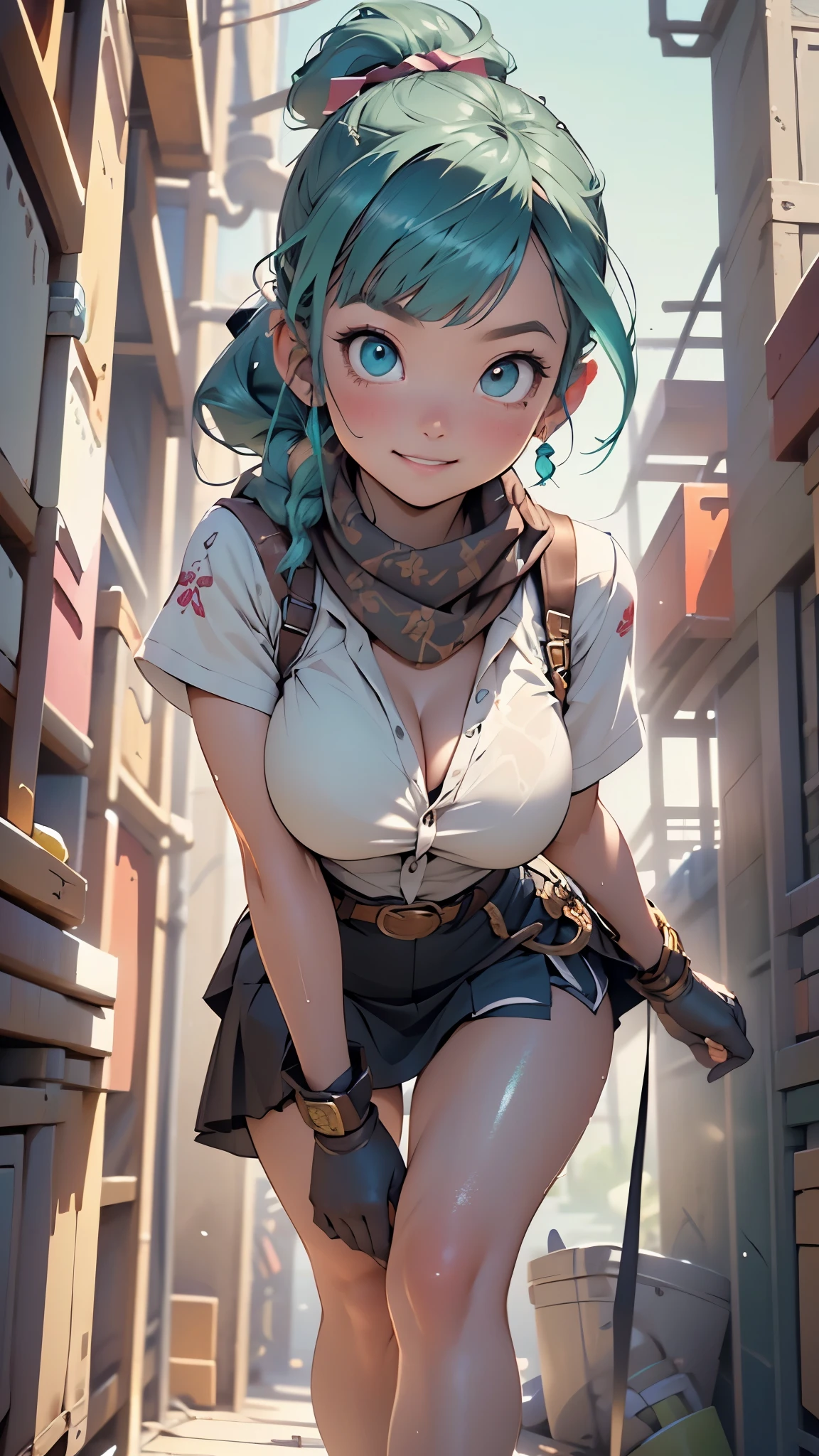 (((Bulma from dragonball z))),cute girl,(((1girl))),((girl with extremely cute and beautiful aqua hair)),
(large breasts:1.4),saggy breasts,(((aqua hair, blunt bangs,ponytail, aquamarine hair, hair ribbon, braided ponytail long hair))),(((aqua_eyes:1.3))),intricate eyes,beautiful detailed eyes,symmetrical eyes,big eyes:1.3,((fat)),(((lustrous skin:1.5,bright skin: 1.5,skin tanned,shiny skin,very shiny skin,shiny body,plastic glitter skin,exaggerated shiny skin,illuminated skin,wet legs))),(spider lower abdomen,narrow waist,wide hip,athletic body,inflated legs, thick thighs,detailed body,(detailed face)),big ass, thick thighs, slim curves, good anatomy,
cute,slutty,seductive,erotic,(nsfw),
steampunk pink shirt,steampunk belt, steampunk scarf, pink skirt, steampunk writing clothes, steampunk brown gloves, waving,
( sensual pose:1.0),solo focus,embarrassed,smile,(centered,scale to fit dimensions,Rule of thirds),
((steampunk,industrial revolution)),scenery:1.25,((intricate scenery)),((steampunk, background)),
(Glossy steampunk ornaments),highres,sharp focus,(ultra detailed,extremely detailed),(photorealistic artwork:1.37),(extremely detailed CG unity 8k wallpaper),(((vibrant colors,vibrant theme))),(intricate),(masterpiece),(best quality),artistic photography,(photography taken by sldr),(intricate background),perfect rendered face,perfect face details,realistic face,photo realistic,((intricate detail)),(((realism))),