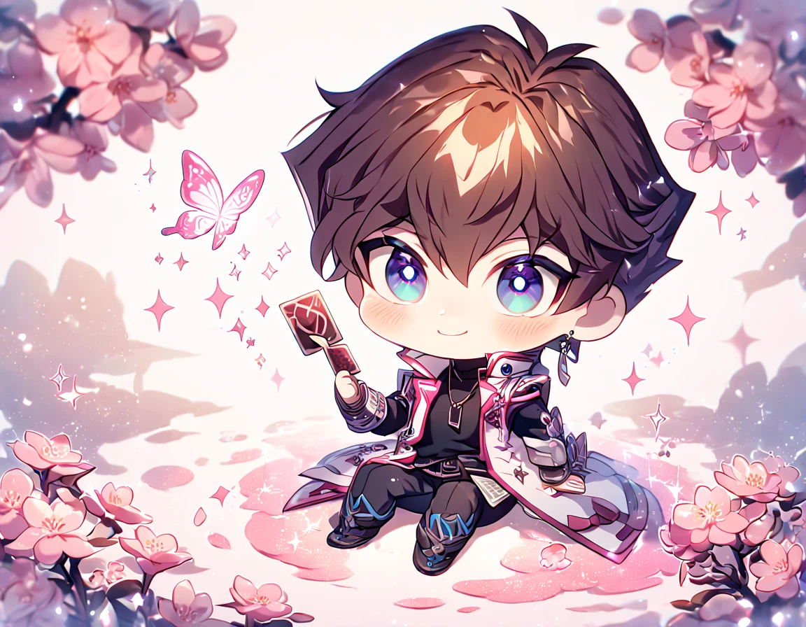 absurdres, highres, ultra detailed, HDR, master piece, best quality, extremely detailed, Kaiba Seto chibi, brown hair, expressive blue eyes, Yu-Gi-Oh, solo, cute, handsome, handsome smile, sensual, white coat, black shirt, black pants, holding a card, sitting, magical, sparkling, pink glittering fireflies, pink ice, pink ice butterflies, pink ice petals, pink ice cherry blossoms, pink crystal, pink flowers