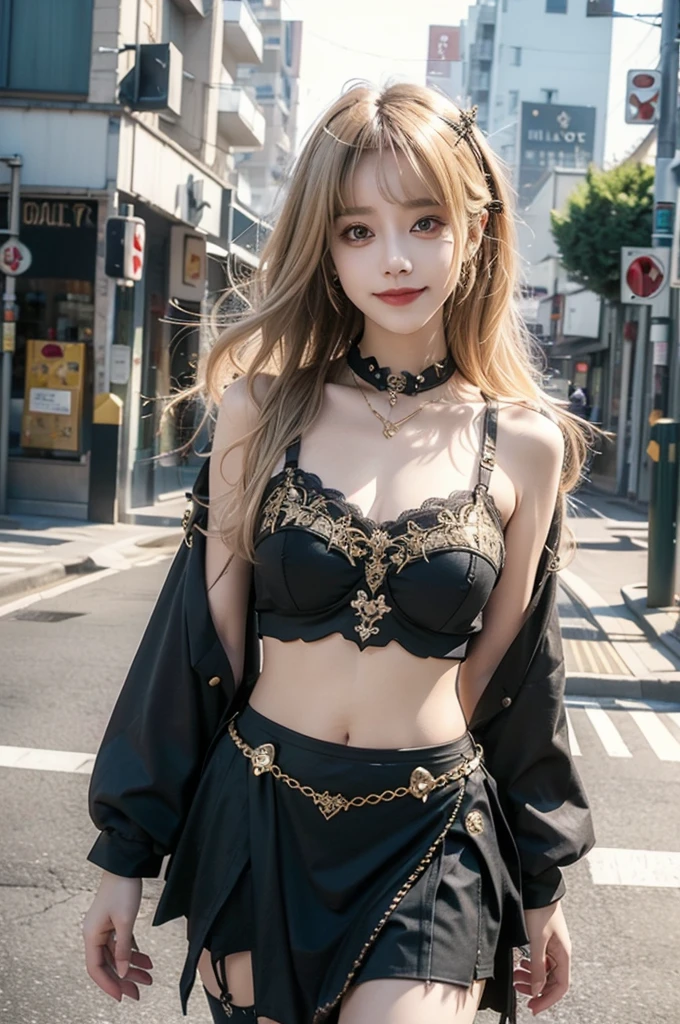 (8k, best quality, masterpiece), (realistic, photorealistic), super detailed, ((one beautiful woman)), alone, standing, smile, gold hair, gothic bra, gothic mini skirt, daytime, street