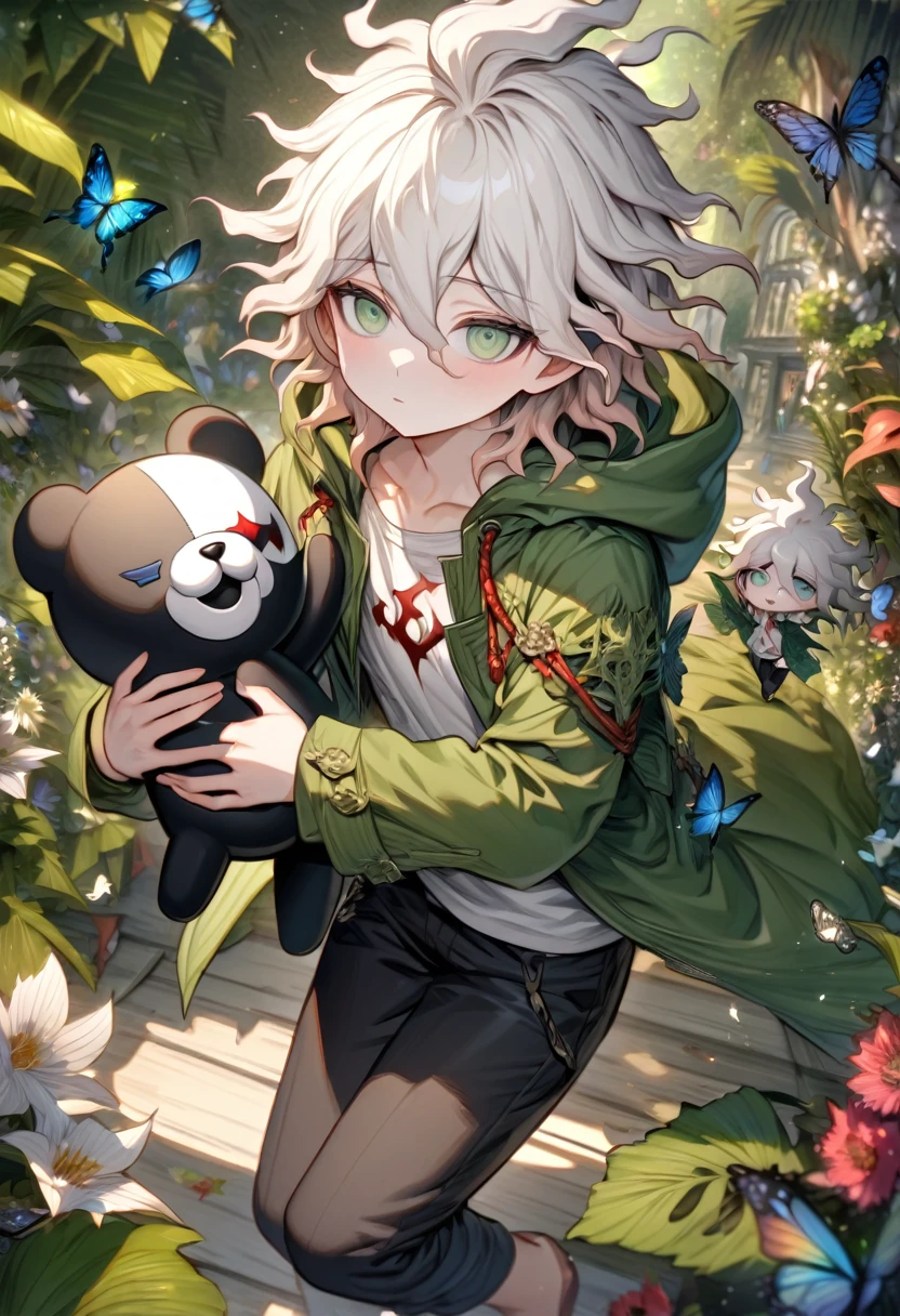 Ultra detailed, HDR, Highres, absurdres, master piece, Komaeda Nagito as chibi, white hair, expressive gray-green eyes, green coat with a hoodie, white shirt, black pants, Danganronpa, flowers, butterflies, fantasy, magical, green leaves, summer, boy, cute, holding a plushie of Monokuma,
