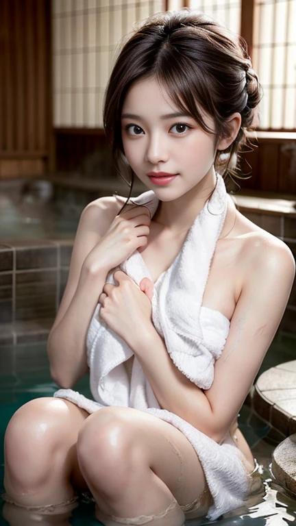 photography of a brightly sangmi nam who is korean actress,masterpiece,photorealistic,analog,realism,korean idol,slim leg, long_brown_hair,1 girl, very bright backlighting, solo, {beautiful and detailed eyes}, large breasts, dazzling moonlight, calm expression, natural and soft light, hair blown by the breeze, delicate facial features, Blunt bangs, beautiful korean girl, eye smile,(hair in an updo:1.3),(covering my chest with one towel, holding it in place with my hand:1.5),(soaking in a Japanese hot spring:1.5),23yo, film grain, realhands,shy smile,shot from the knee up,model pose