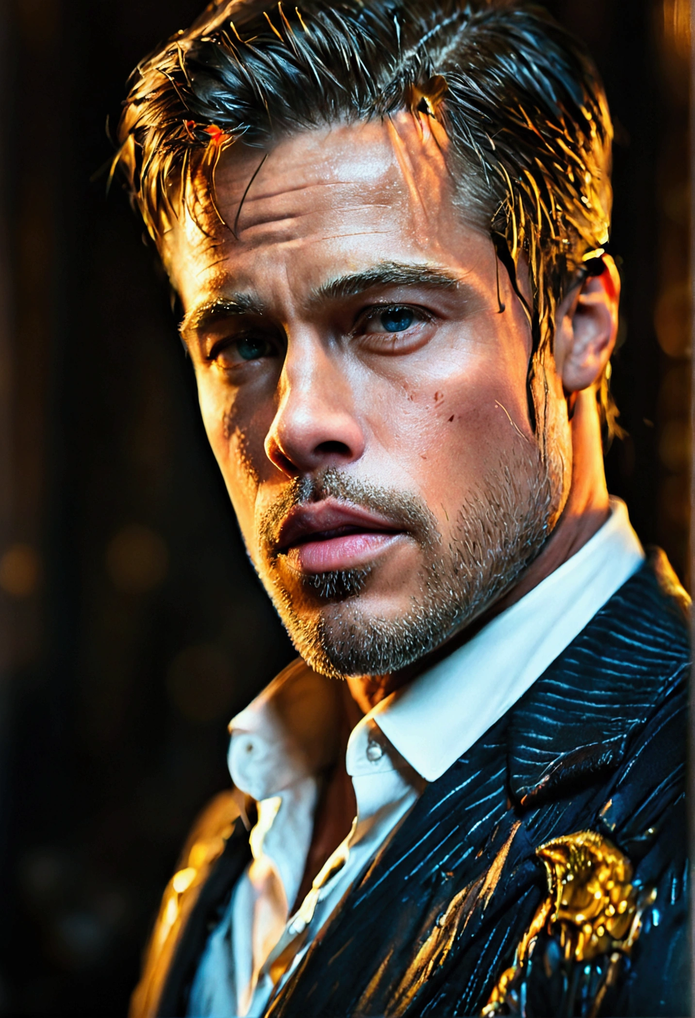 beautiful detailed eyes, beautiful detailed lips, extremely detailed eyes and face, longeyelashes, 1man, hollywood actor, brad pitt, chiseled jawline, muscular physique, serious expression, suited up, studio lighting, photorealistic, 8k, high quality, cinematic, dramatic lighting, warm color palette, elegant, sophisticated