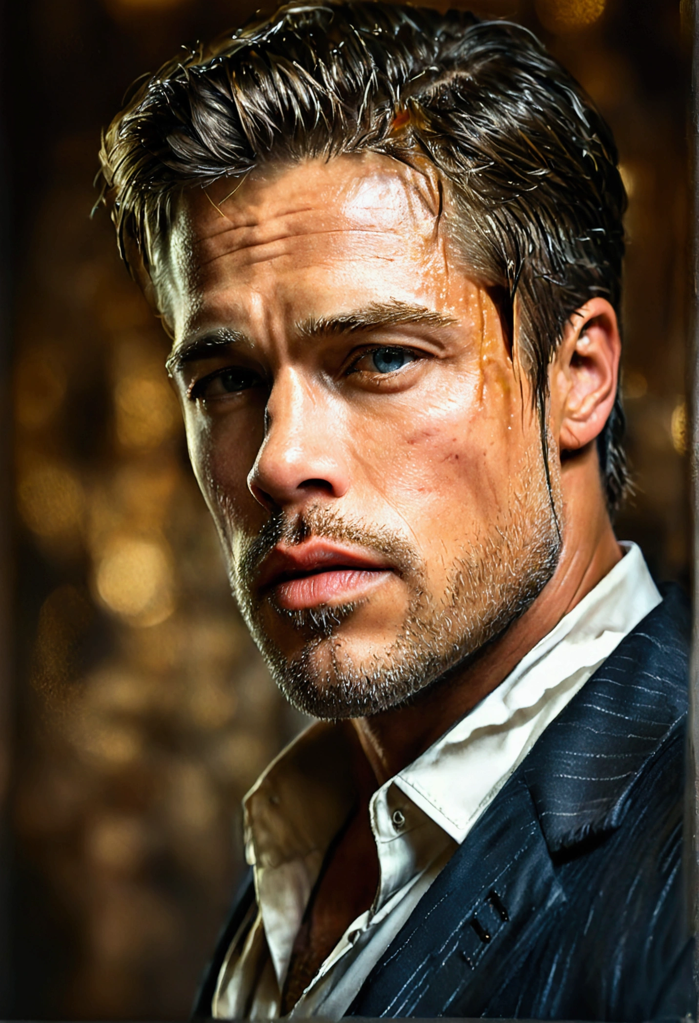 beautiful detailed eyes, beautiful detailed lips, extremely detailed eyes and face, longeyelashes, 1man, hollywood actor, brad pitt, chiseled jawline, muscular physique, serious expression, suited up, studio lighting, photorealistic, 8k, high quality, cinematic, dramatic lighting, warm color palette, elegant, sophisticated