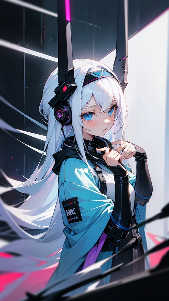 Anime Girl,high resolution, earphone, Ultra HD, Extra long hair, White hair,Blue Eyes,cute,grace,High and cold,Headdress, Cyberpunk style,Watch your hands