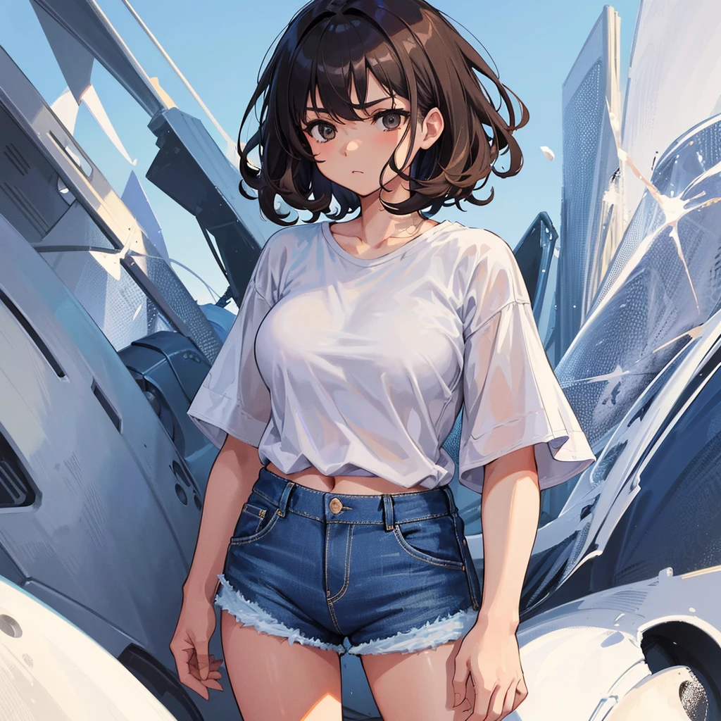 Very detailed,high resolution,(artwork_1.0),(best quality_1.0),1girl, teenage girl, short hair, curly hair, brown eyes, serious look, white background, black denim shorts, blue checkered shirt, medium breasts.