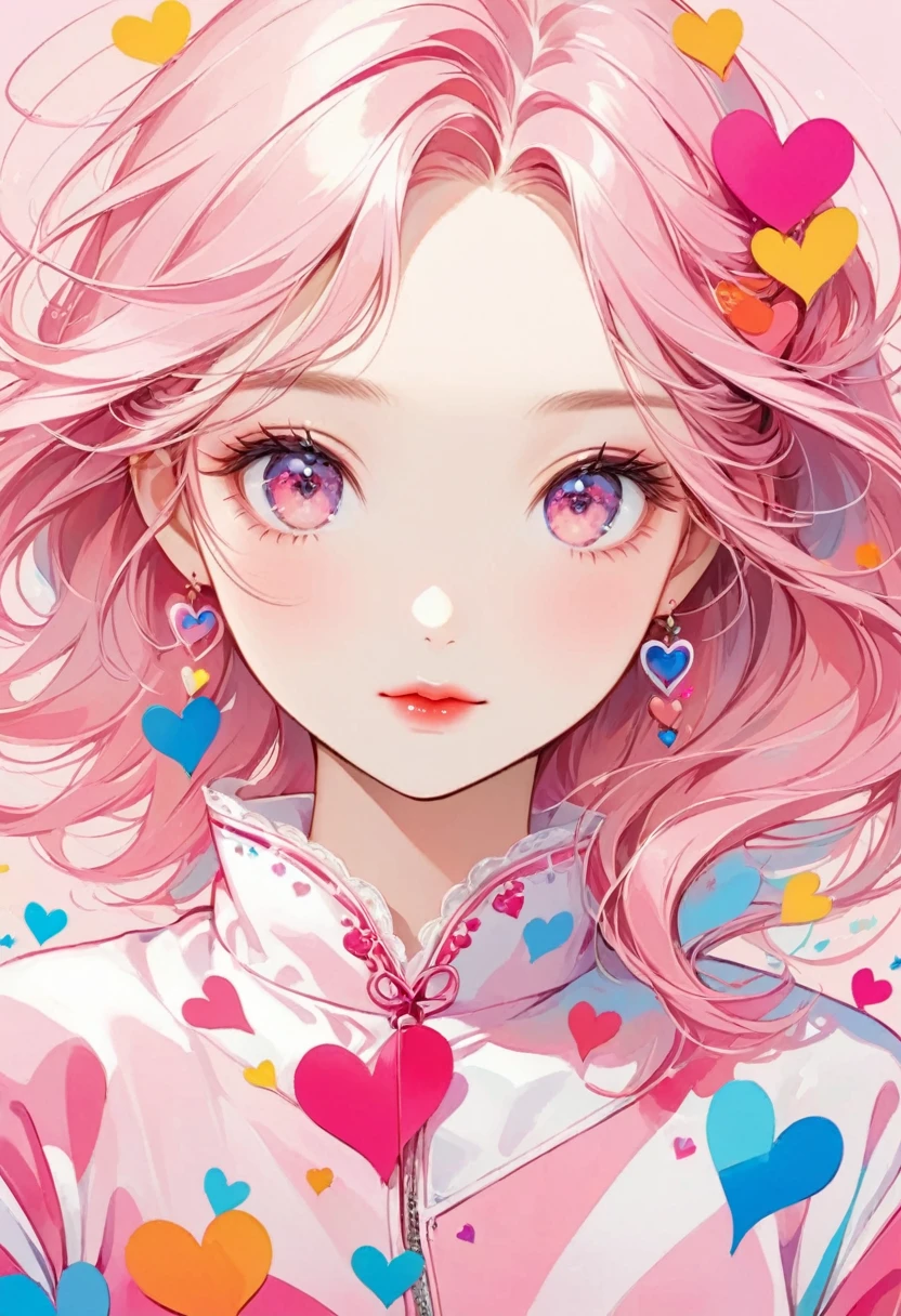Momoko Sakura Pink and white style, Simple Line Initialism,Abstract art,(((The most beautiful girl of all time))), Sweet face. Lips in love, colorful hearts, 黒い瞳