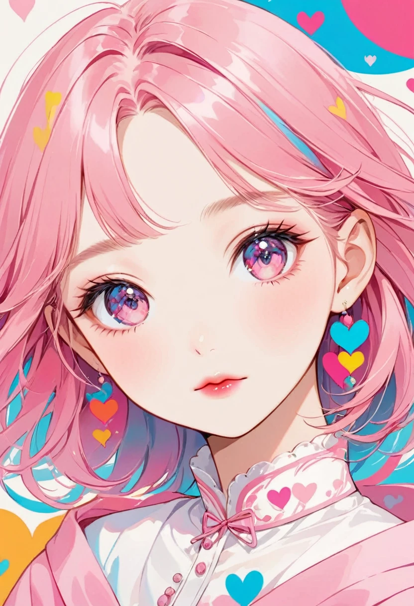 Momoko Sakura Pink and white style, Simple Line Initialism,Abstract art,(((The most beautiful girl of all time))), Sweet face. Lips in love, colorful hearts, 黒い瞳