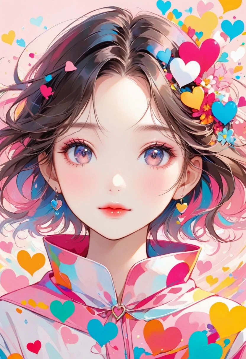 Momoko Sakura Pink and white style, Simple Line Initialism,Abstract art,(((The most beautiful girl of all time))), Sweet face. Lips in love, colorful hearts, 黒い瞳