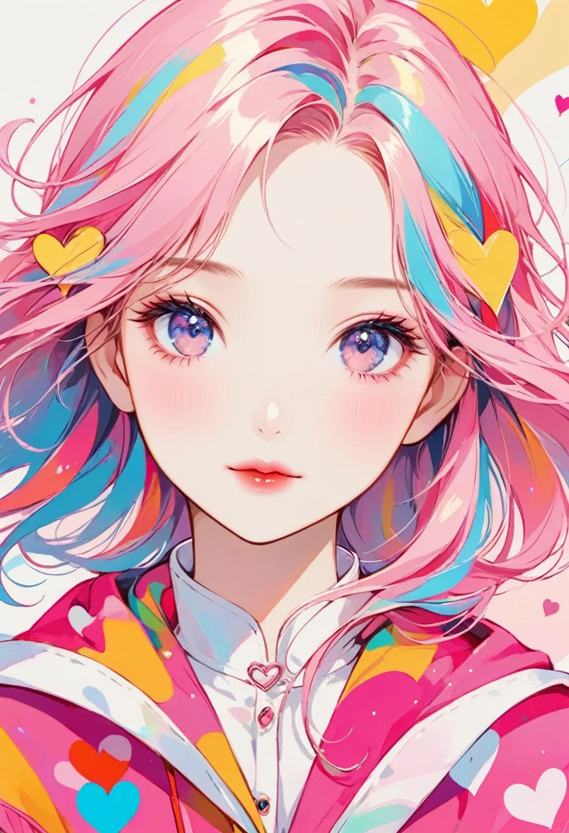 Momoko Sakura Pink and white style, Simple Line Initialism，Abstract art，(((The most beautiful girl of all time))), Sweet face. Lips in love, colorful hearts, 黒い瞳