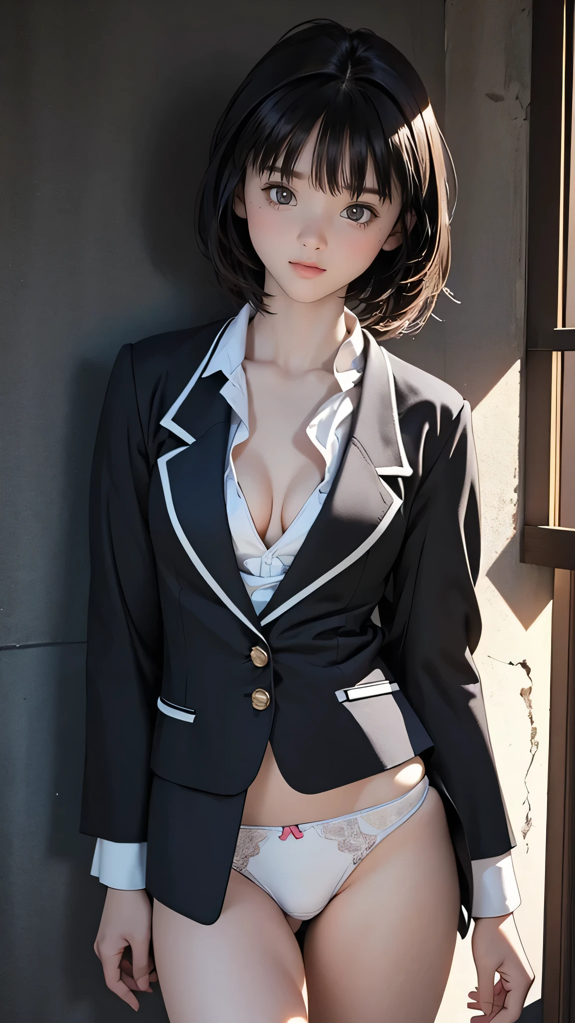 Highest quality, masterpiece, Ultra-high resolution, (Realistic:1.5), RAW Photos, One girl, A skinny girl with small breasts、In the Dark, Deep Shadow, Modest, Cold Light, Sexy look, short hair, (Blazer uniform)、The skirt is twisted by the wind、I can see her white panties
