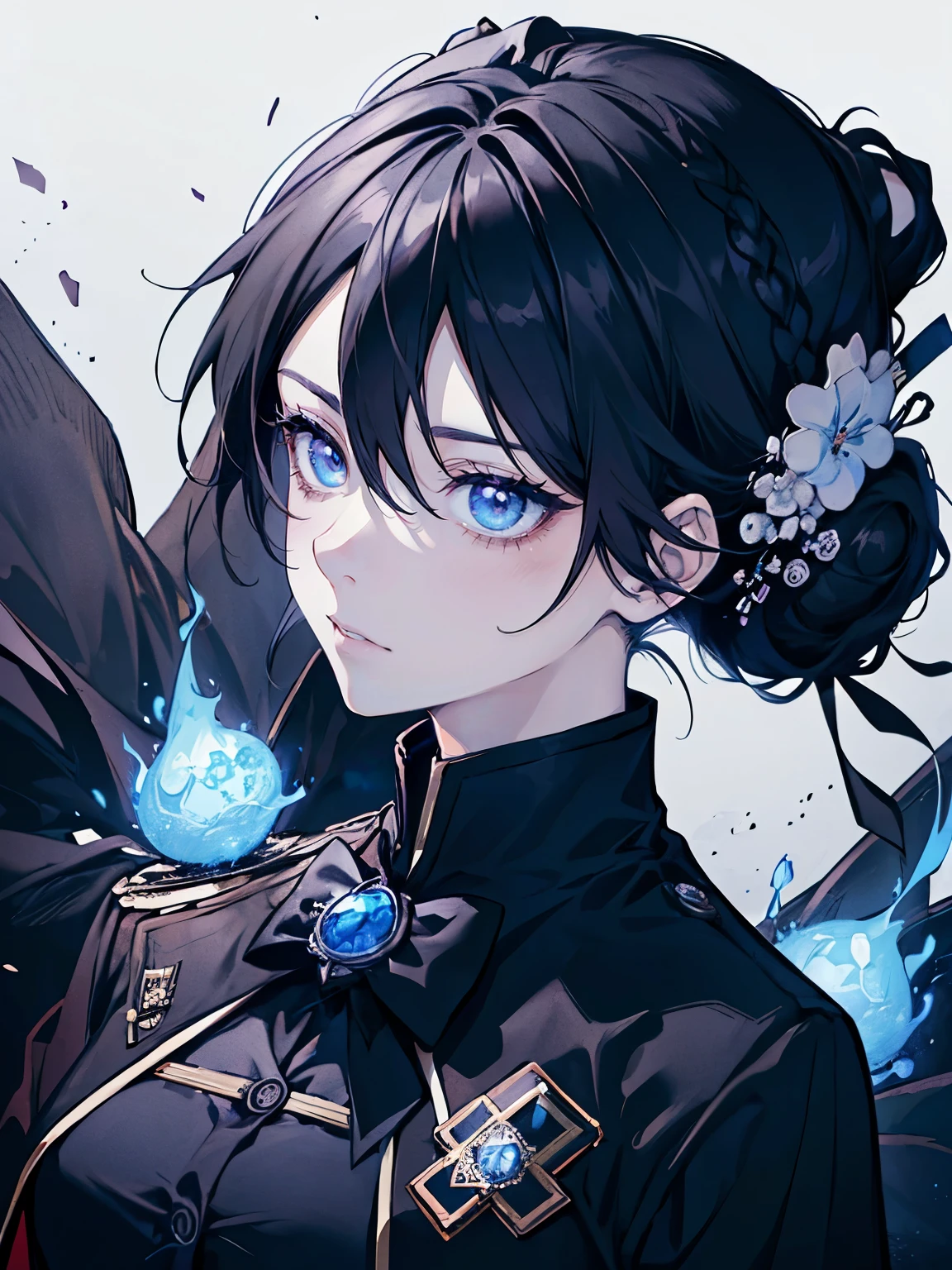 8k,Masterpiece,Detailed settings,(Black Hair,Bun Hair),(One girl),(Anime Style), (black double-breasted coat),(Gemstone Brooch),(Blue Exorcist)