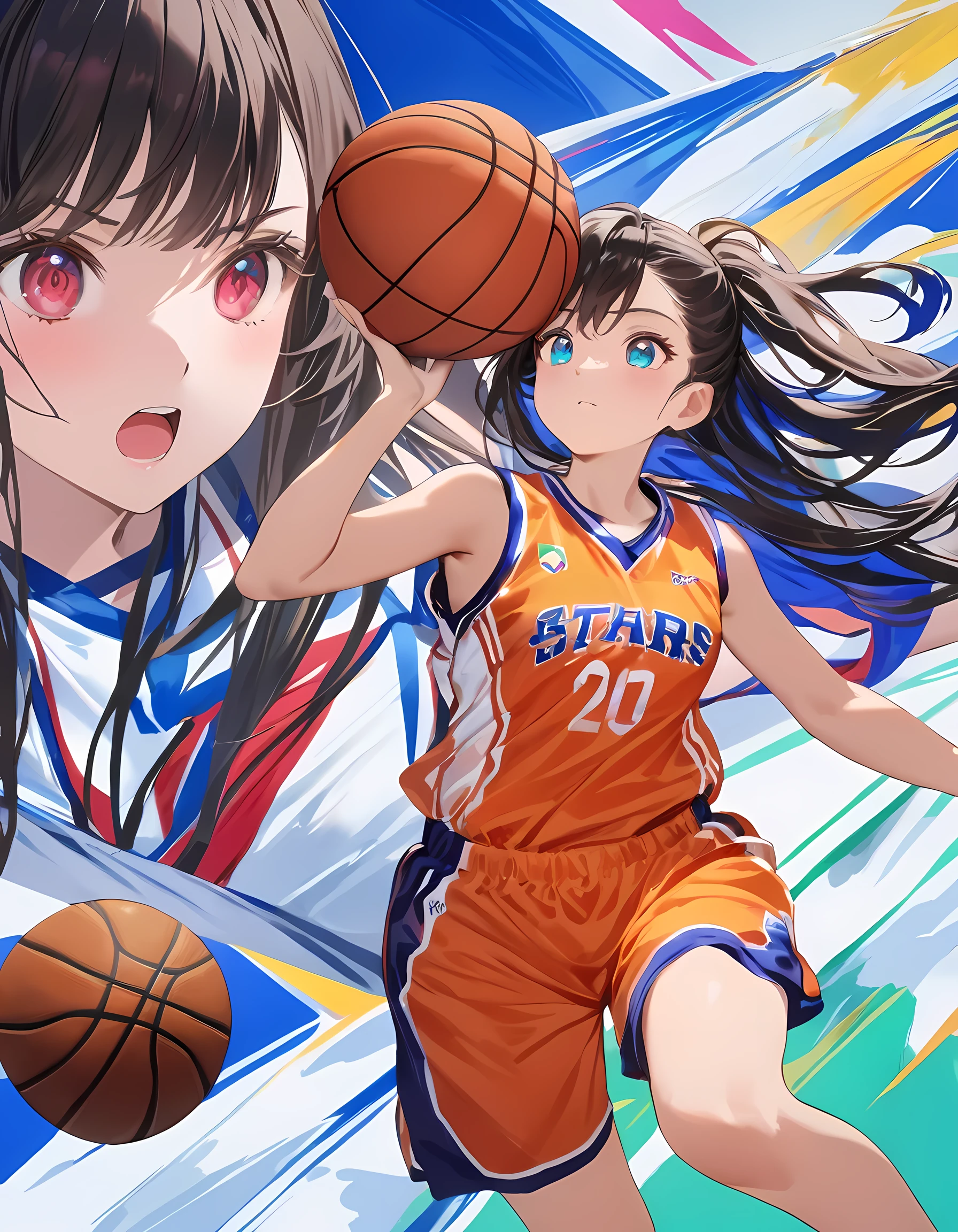 A basketball player wearing a white jersey with red and blue stripes is dribbling the ball while another player in a green jersey is attempting to stop him. black hair, girl focus, multiple girls, dark skin, 2girl, cosplay, facial hair, parody, white-skinned girl, tank top, crossover, ball, sportswear, basketball, basketball uniform, basketball match at the olympics, (best quality,4k,8k,highres,masterpiece:1.2), ultra-detailed, studio lighting, ultra-fine painting, sharp focus, physically-based rendering, extreme detail description, professional, vivid colors, fantasy, surreal, ImgFixerPre0.3
