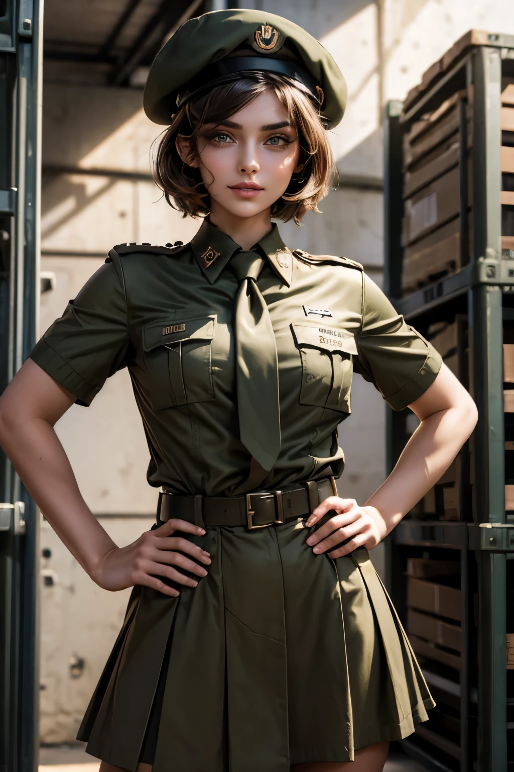 score_9, score_8_~ over, score_7_~ over, score_6_~ over, classification_clear, 1 girl, ((25 years:1.2)),(best quality,high resolution,Ultra - Detailed,In fact), BEAUTIFUL girl, (Army girl:1.4), adult, full lips, big bright eyes, (uniform army, skirt, short sleeve shirt and tie) ,(Army Military Warehouse:1.4), (facial details: 1.5, bright green, brown, eyes, beautiful face, pretty eyes, iris coating, Small lips: 1.5, SCULPTURAL BODY PERFECT body, HANDS ON HIPS, pale and sharp eyebrows, long, dark eyelashes, double tap),(Perfect hand detail : 1.4 ), UPPER body, Ana de Armas, traditional indian clothing., smile happy, 1920 pin-girl , wearing a military beret, short hair