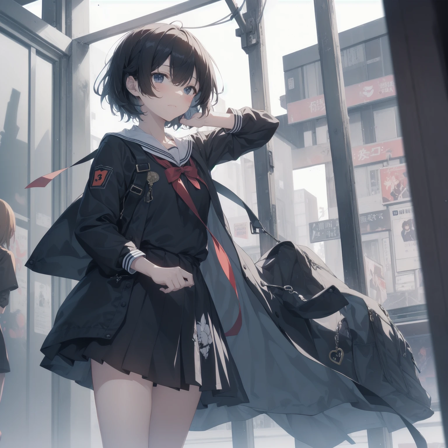 ultra-absurdres-Top quality by artist God, ultra-detailed, high resolution, anime moe artstyle, best anime 8k konachan wallpaper, pixiv contest winner, pool:2810, perfect anatomy,break, 1girl, (Please draw a girl walking sleepily to school alone. )break,(Solo,little female, 13-year-old:1.3),Full limbs, complete fingers,a junior high school student, (very short hair), short cut, flat chest, , small butt, small black eyes, beautiful detailed eyes, well-proportioned iris and pupils, expressive eyes, highres detailed hair, soft expression, salor school_uniform, sailor collar, serahuku, bow, pleated skirt,(Detailed Lighting), (Detailed background), in the School commute route. break,super detailed skin, Best cinematic lighting powered by famous artist, 8k,beauty illustration,photoshop_(medium),very aesthetic,break,((artist:zen_(kamuro) )), artist:clamp ,artist:carnelian ,artist:kantoku ,