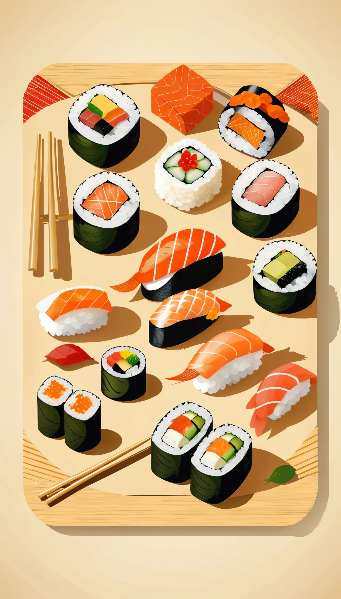 masterpiece,Sushi-themed illustrations,Vector Flat,Vector art,Dustin Nguyen Style,A three-dimensional texture