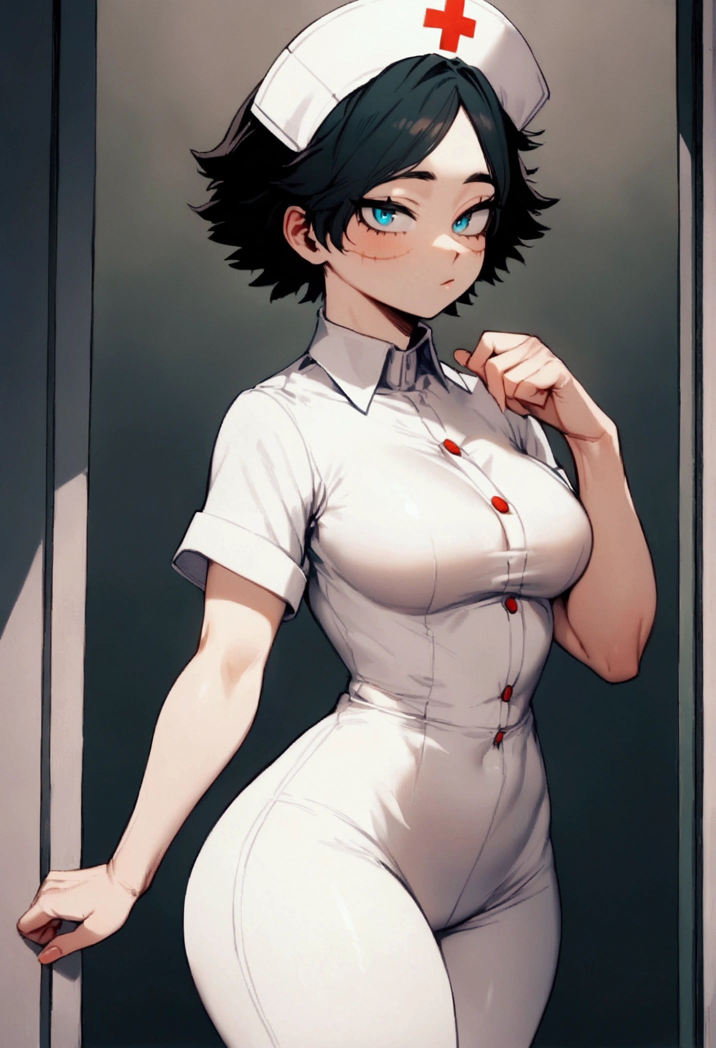 My hero academia, girl, black short hair and blue eyes, fully clothed, nurse style, thin body, heavily covered in scars