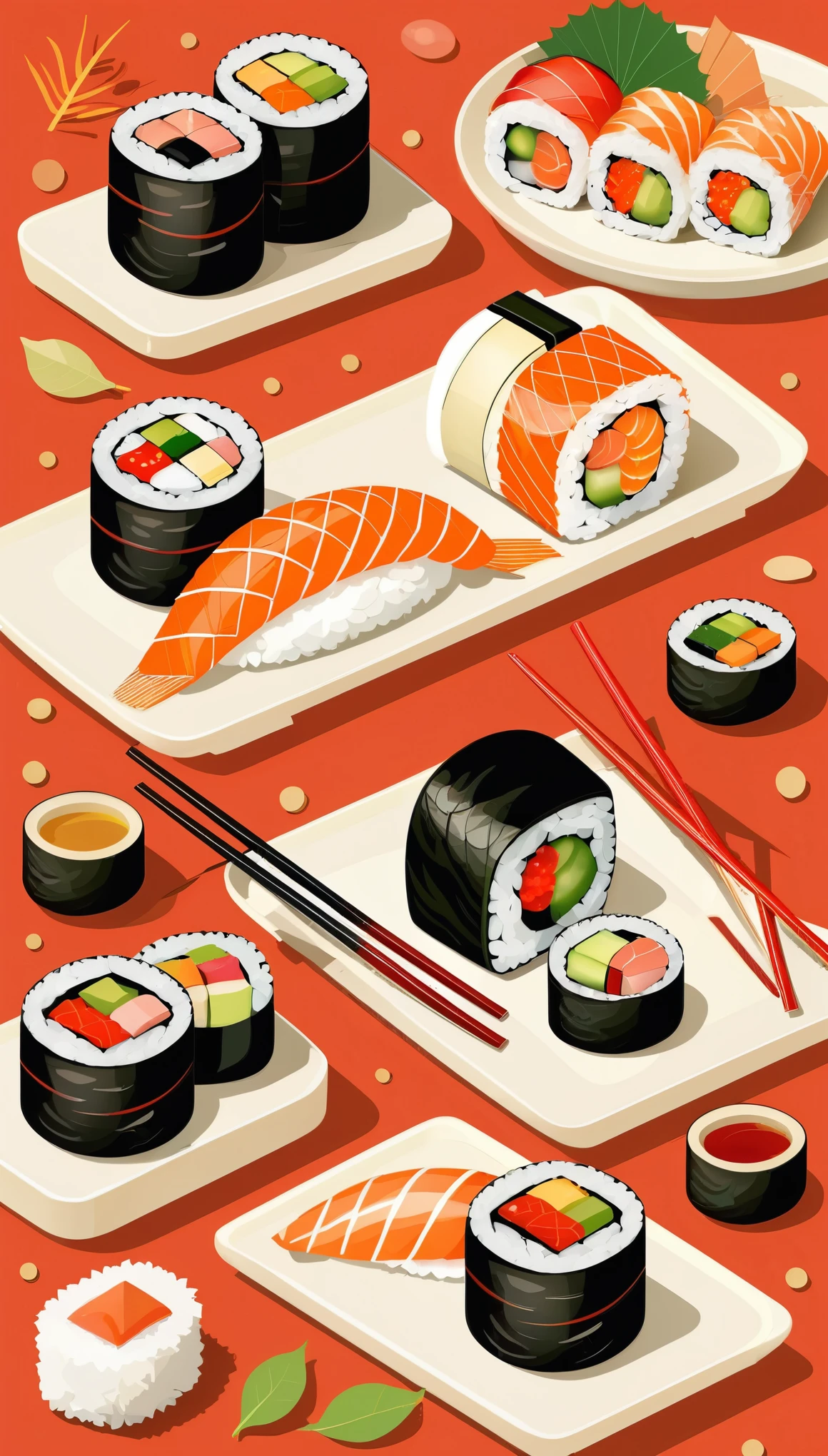 masterpiece,Sushi-themed illustrations,Vector Flat,Vector art,Dustin Nguyen Style,A three-dimensional texture