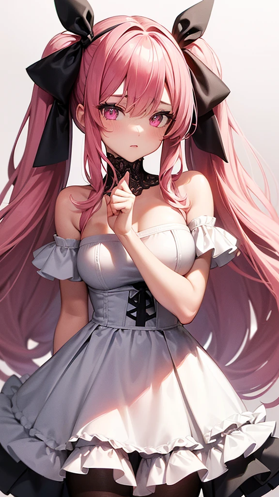 (Highest quality,High resolution,Ultra-detailed,girl)black tights,Pink Hair,Height: 160cm,cute,Pink Eyes,I'm wearing a white dress,Twin tails,Big Breasts,Her eyes are white and shining,Has bright white eyes,Naked and looking at me,I have a very embarrassed look,I&#39;m wearing pink underwear,