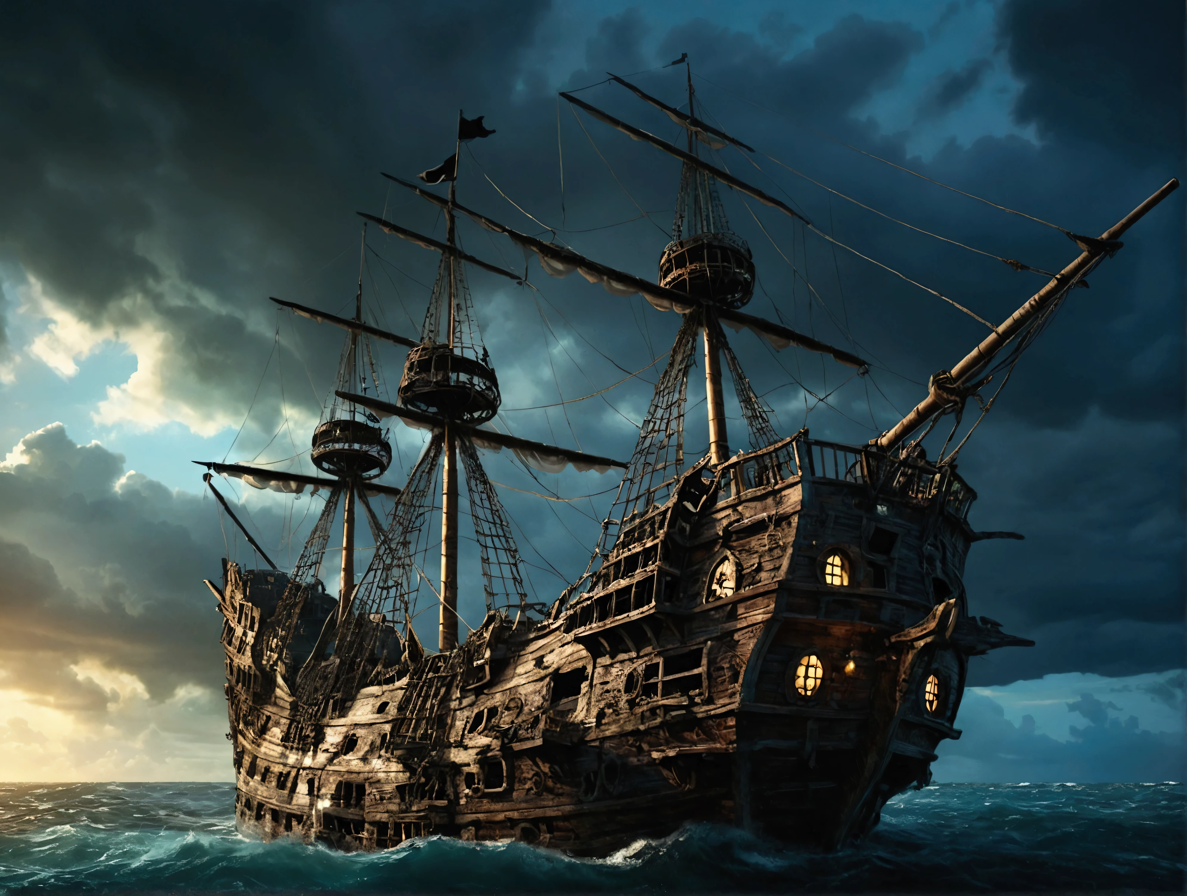 pirate ship、Dilapidated ship、A spectacular sight, heavy atmosphere, Surrealism, Chiaroscuro, Cinema Lighting, Wide Shot, masterpiece, Accurate, Anatomically correct, Super Detail, Attention to detail, Highest quality、storm