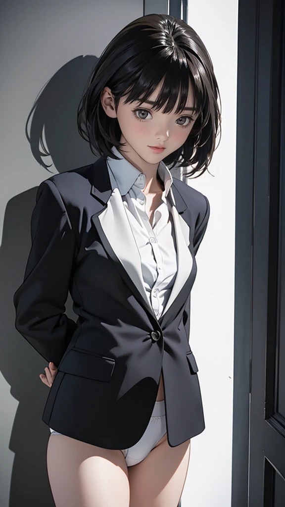 Highest quality, masterpiece, Ultra-high resolution, (Realistic:1.5), RAW Photos, One girl, A skinny girl with small breasts、In the Dark, Deep Shadow, Modest, Cold Light, Sexy look, short hair, (Blazer uniform)、The skirt is twisted by the wind、I can see her white panties
