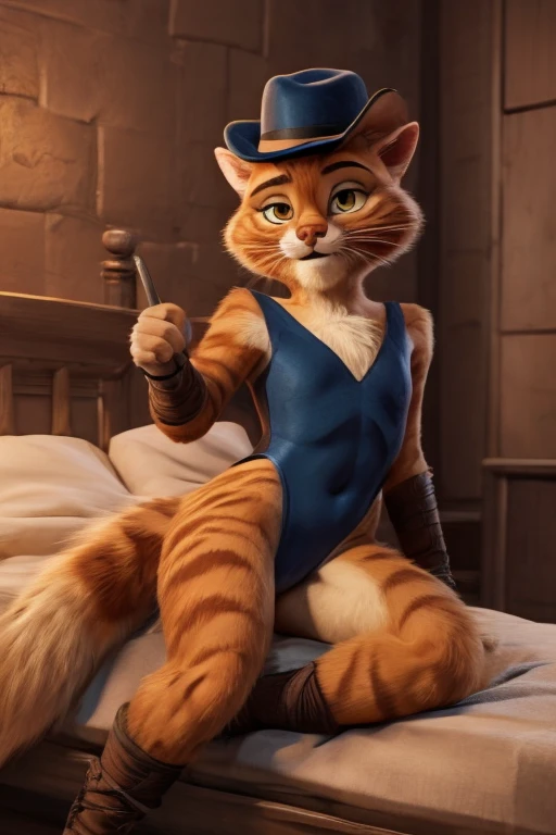 Puss in Boots, DreamWorks Animated, Leotard, Wearing a fedora hat, 3:1 Hip to leg ratio, ((Bedroom)), Lying in bed