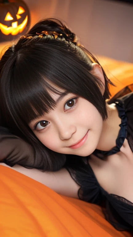 (lying on the bed:2.0),(1girl,extremely cute girl,beautiful girl,ultra detailed face,detailed dropped eyes,charming smile,short hair,japanese young girl,ultra slender:2.0),(halloween costume:2.0),monster costume,pumpkin,jack-o'-lantern,best quality,4k,8k,highres,masterpiece,ultra-detailed,realistic,photorealistic,photo-realistic,vivid colors,studio lighting
