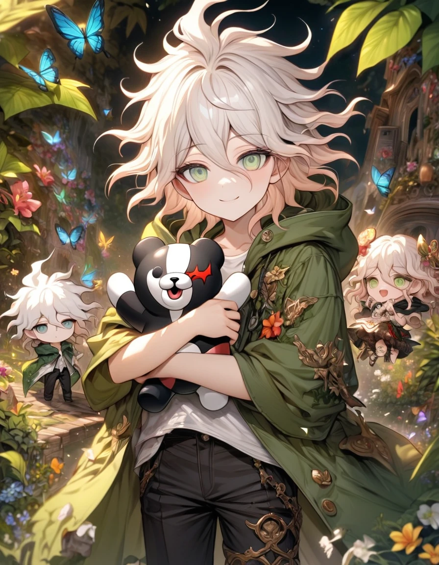 Ultra detailed, HDR, Highres, absurdres, master piece, Komaeda Nagito as chibi, white hair, expressive gray-green eyes, green coat with a hoodie, white shirt, black pants, Danganronpa, flowers, butterflies, fantasy, magical, green leaves, summer, boy, cute, holding a plushie of Monokuma, chibi, smiling