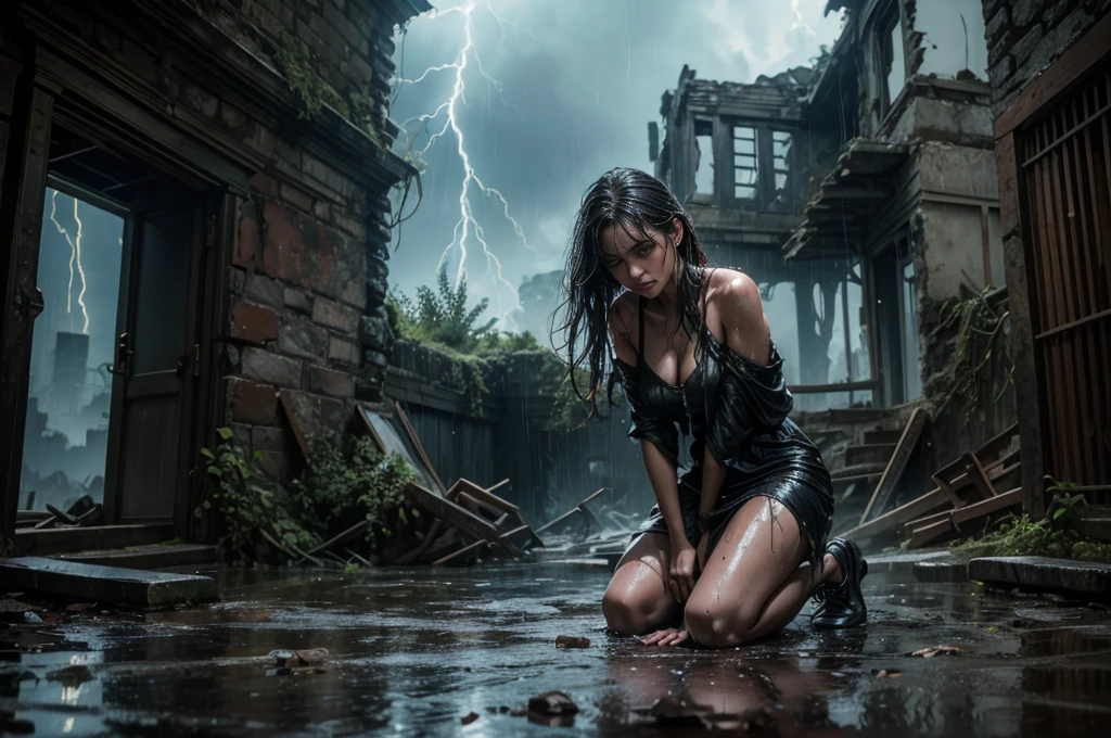 a beautiful woman, Looking at the ruins of the house, dim, dark, rain, lightning, despair, tears, Tears, Torn clothes, wet clothes. Kneeling on the ground, Biting lower lip, Bare shoulders, Real rain, wet hair. Ruins and construction debris as background. Realistic ray tracing.