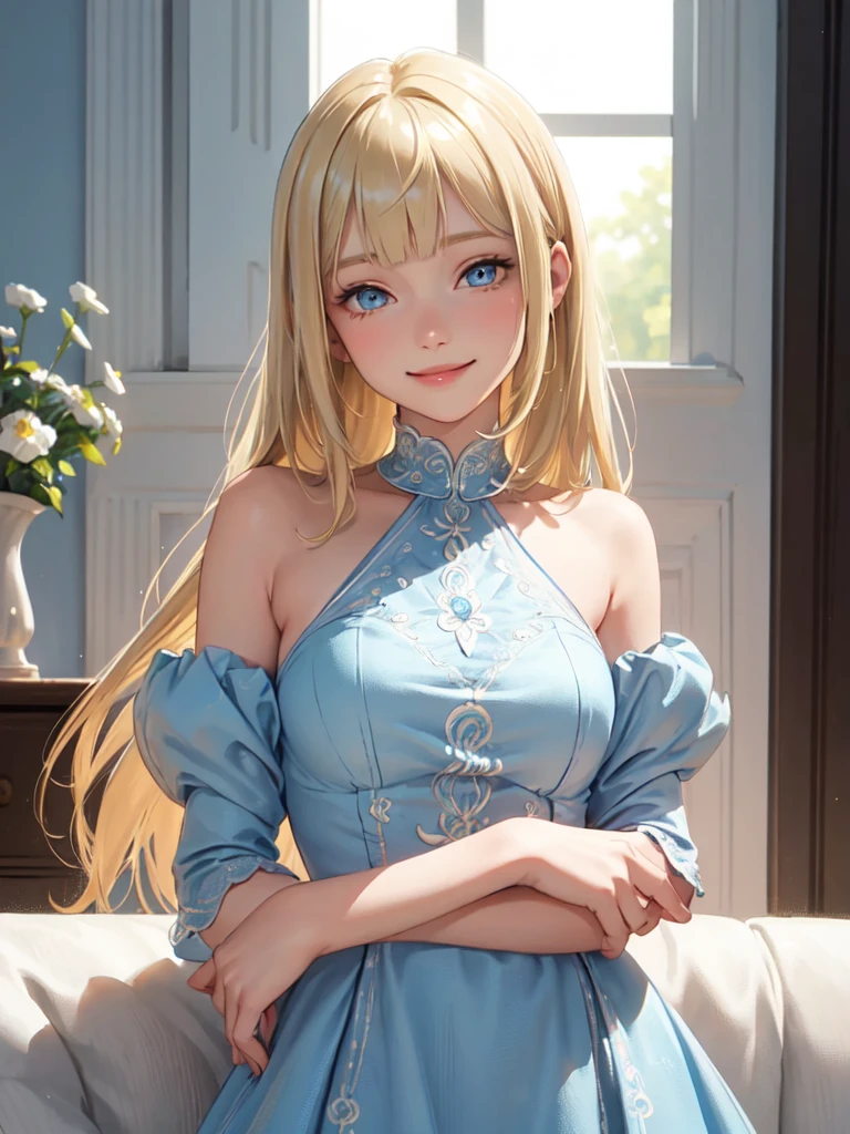 1lady, solo, young girl, , straight blonde hair, blunt bangs, blue eyes, (smile), (masterpiece, best quality:1.2) delicate illustration, ultra-detailed, medium breasts, ((upper body)), (light blue dress), living room