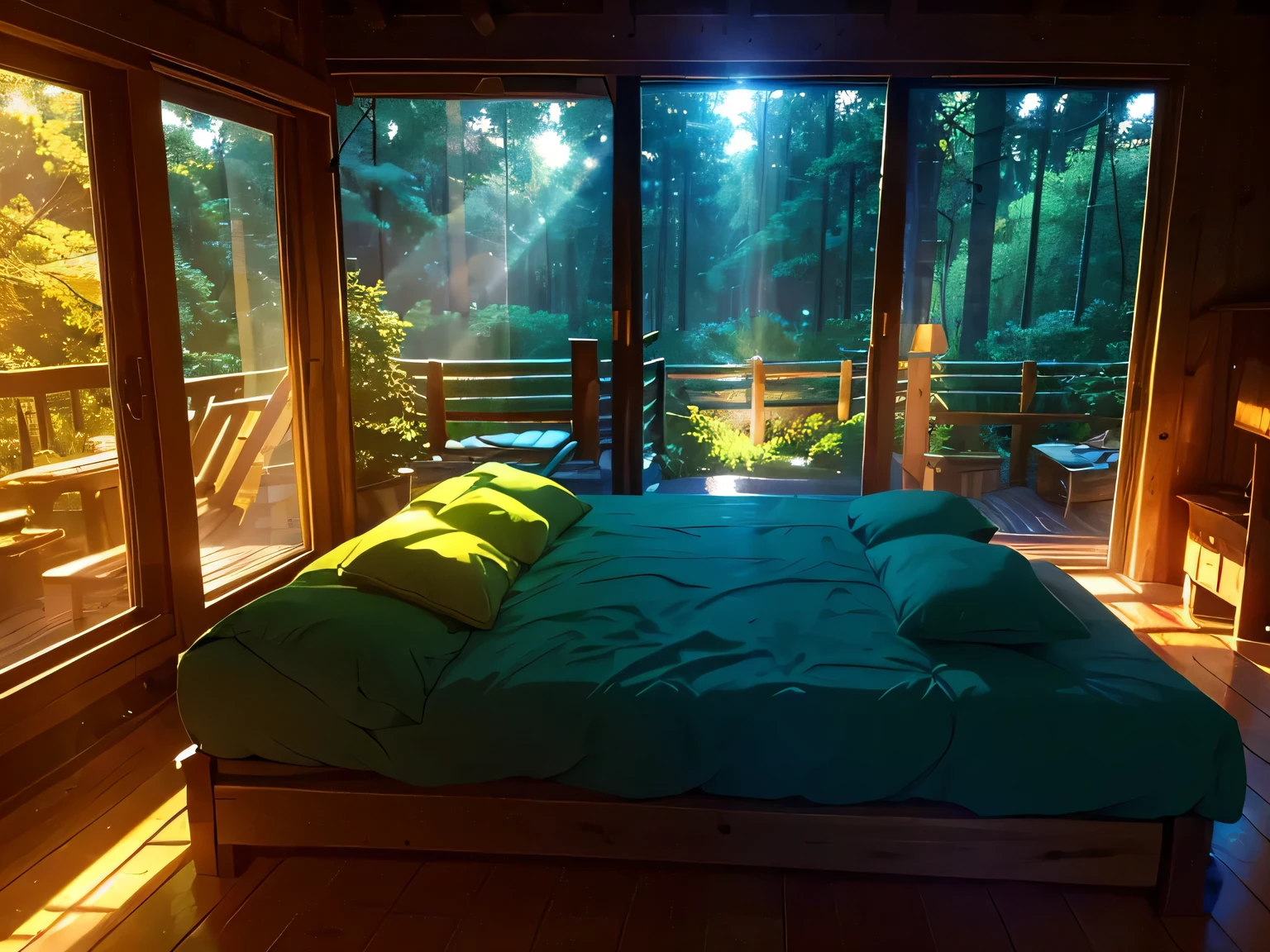 high resolution,High definition,high quality,landscape,realistic, log cabin, window outside, blue sky outside with warm sunlight, warm lighting outside, sun, fireplace, bed with green sheets, warm mood lighting, side view of bed perspective, torch light in house, bed on left side. one bed, side perspective, tall pine forest outside, magical warm lights, magic floating candles, summer outside, green forest, long bed, no modern lights or lamps, yellow sunlight outside, close to bed, profile perspective.