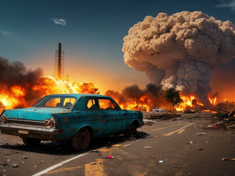 One large nuclear explosion in the distance with shock waves from emb-nuke2,Post-apocalyptic dirty street photos, Burnt out building,Abandoned car, Garbage on the sidewalk
(Very detailed:1.2),(Highest quality:1.2),(8k:1.2),Sharp focus,(Scattered beneath the surface:1.1),Award-winning photo,Professional portrait photography
(Very detailed background:1.2),Dramatic lighting,35mm,Detailed concept art