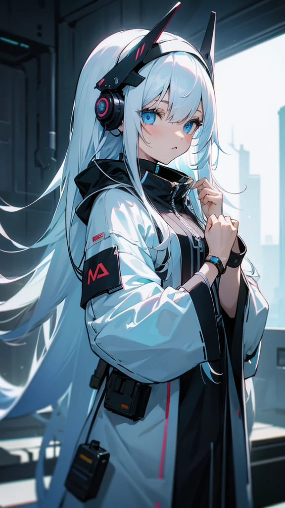 Anime Girl,high resolution, earphone, Ultra HD, Extra long hair, White hair,Blue Eyes,cute,grace,High and cold,Headdress, Cyberpunk style,Watch your hands