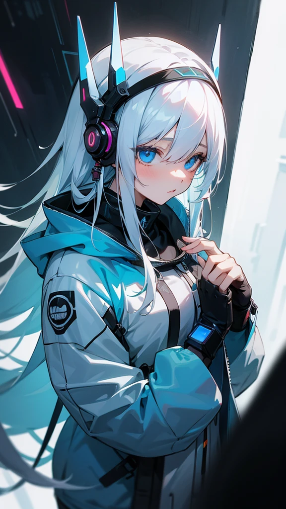 Anime Girl,high resolution, earphone, Ultra HD, Extra long hair, White hair,Blue Eyes,cute,grace,High and cold,Headdress, Cyberpunk style,Watch your hands