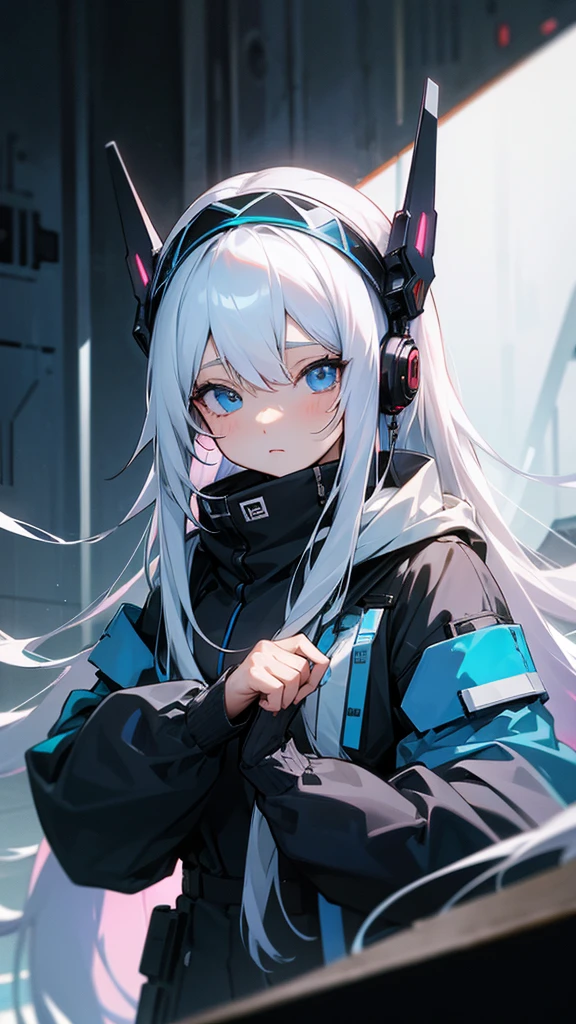 Anime Girl,high resolution, earphone, Ultra HD, Extra long hair, White hair,Blue Eyes,cute,grace,High and cold,Headdress, Cyberpunk style,Watch your hands