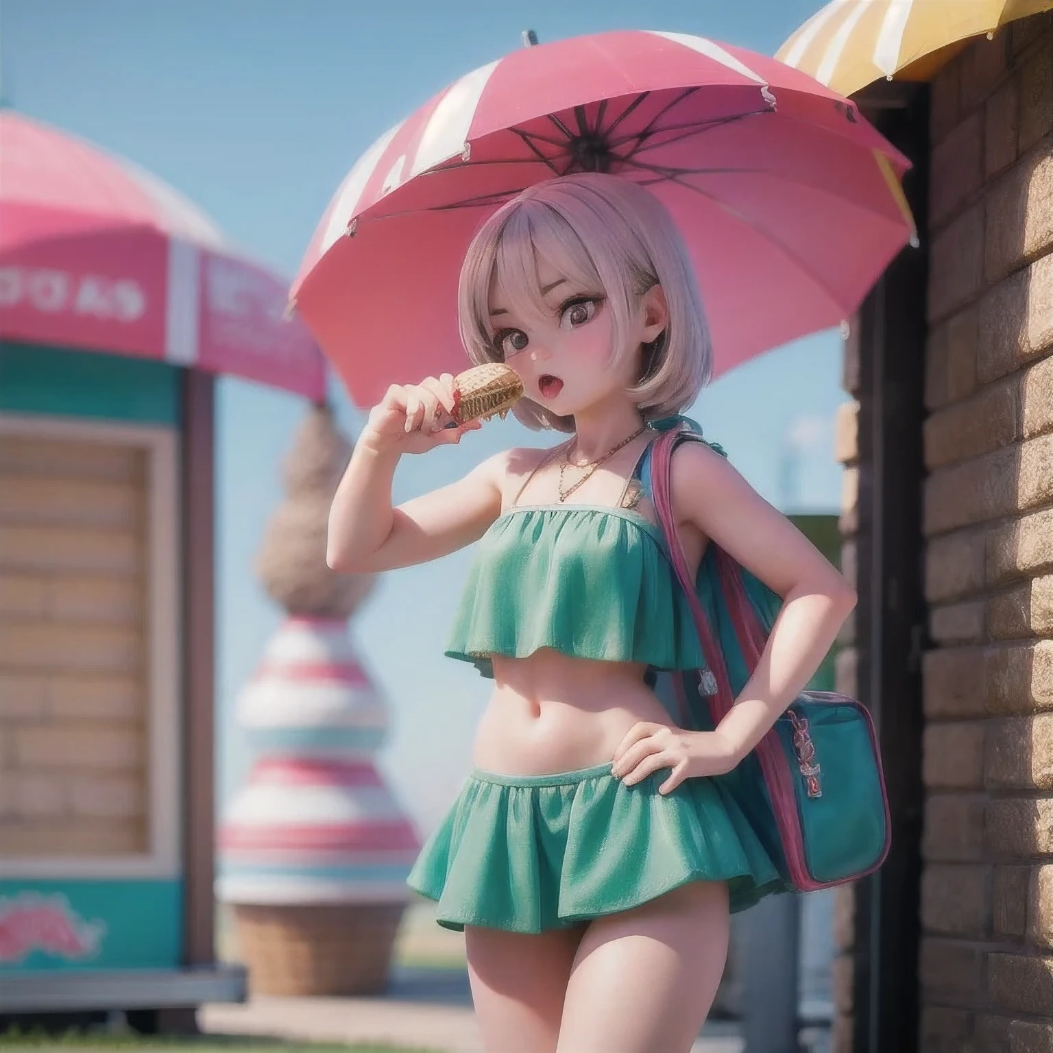 girl in a bikini eating an ice cream cone, eating ice cream, in a bikini, angela white, giorgia meloni, katy perry, in bikini, eating ice - cream, wearing spandex bikini, ice cream on the side, bikini, ice cream, wearing a bikini, candid photo of dirty, shiny plastic bikini, candid shot, cone, 1 girl, solo,in a green dress standing by a wall,portrait of female idol