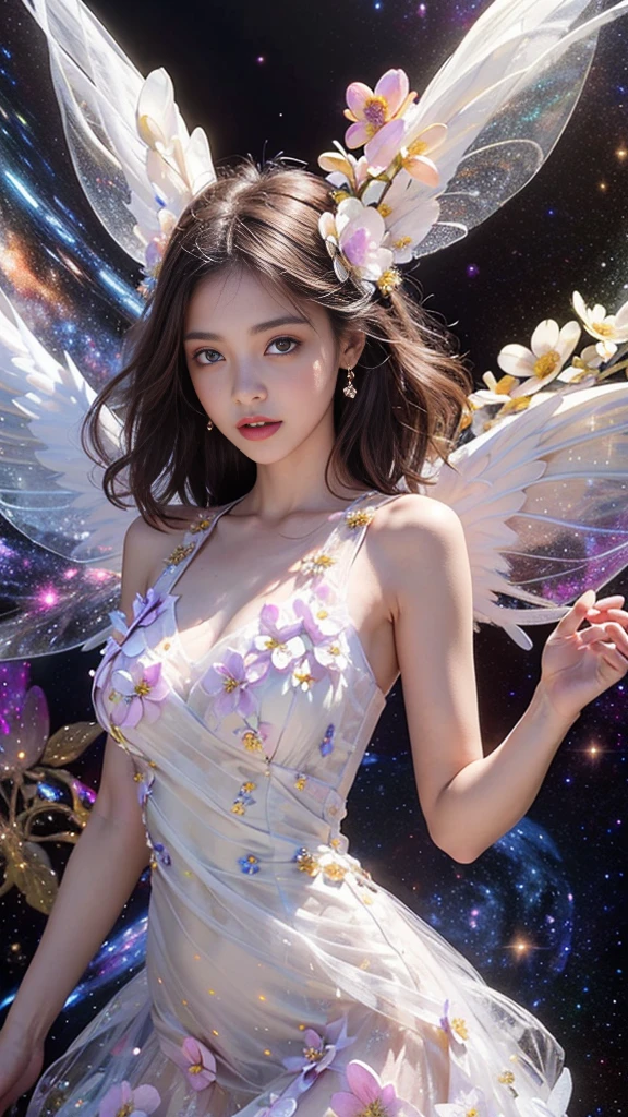 4k ultra hd, masterpiece, a girl, good face, detailed eyes, detailed lips, flower fairy girl, big wings, transparent wings, neon lights, (galaxy background:1.5), (flower dress:1.8), (white dress:1.5), in the heaven,