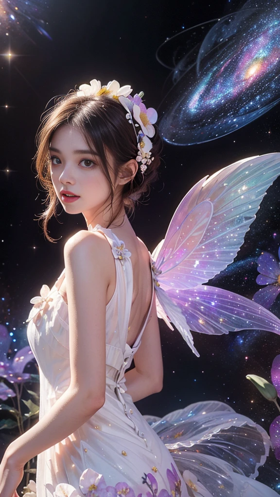 4k ultra hd, masterpiece, a girl, good face, detailed eyes, detailed lips, flower fairy girl, big wings, transparent wings, neon lights, (galaxy background:1.5), (flower dress:1.8), (white dress:1.5), in the heaven,