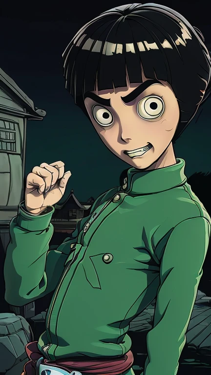 best quality,masterpiece,1boy,solo,(((13years old))),japanese boy,an extremely cute and handsome boy,highly detailed beautiful face and eyes,petit,cute face,lovely face,baby face,shy smile,show teeth, black hair,short hair,flat chest,skinny,slender,(((wearing a rock lee, jumpsuit)),(((standing in Dark Midnight gothic Konoha Village))),she is looking at the viewer,TimBurton Animation style,upper body close up 