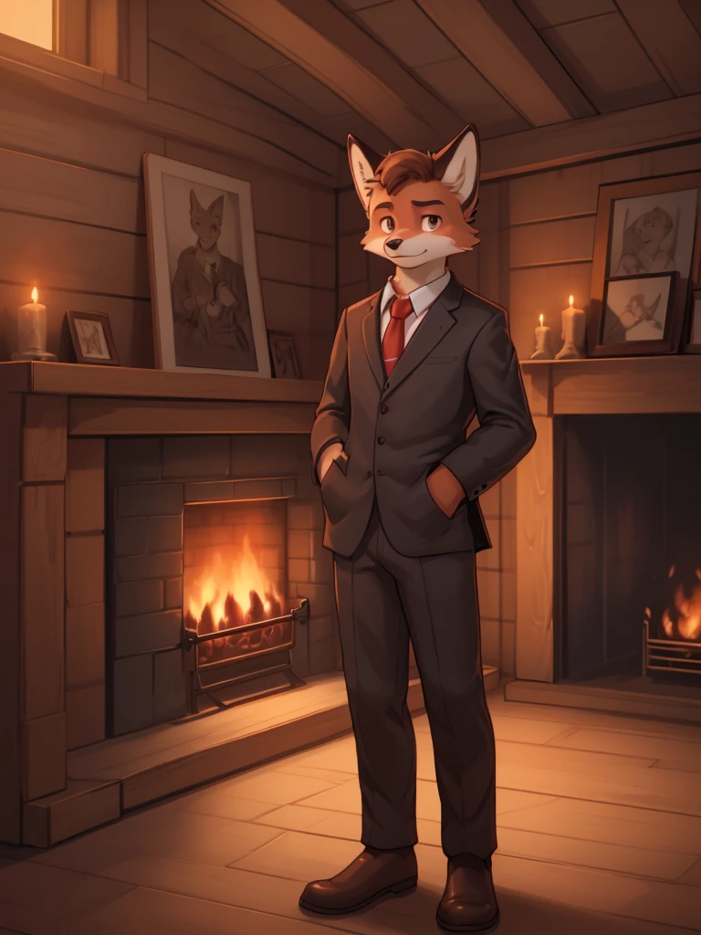 A young red fox, furry, anthropomorphic, with a serious expression, with black suit, white shirt and red tie, Light brown eyes, relaxed pose, looking to the camera, in a wooden room with a fireplace, drawing,