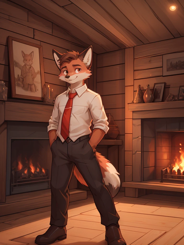 A young red fox, furry, anthropomorphic, with a serious expression, with black suit, white shirt and red tie, Light brown eyes, relaxed pose, looking to the camera, in a wooden room with a fireplace, drawing,