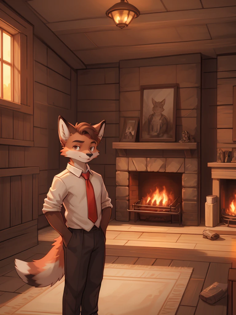 A young red fox, furry, anthropomorphic, with a serious expression, with black suit, white shirt and red tie, Light brown eyes, relaxed pose, looking to the camera, in a wooden room with a fireplace, drawing,