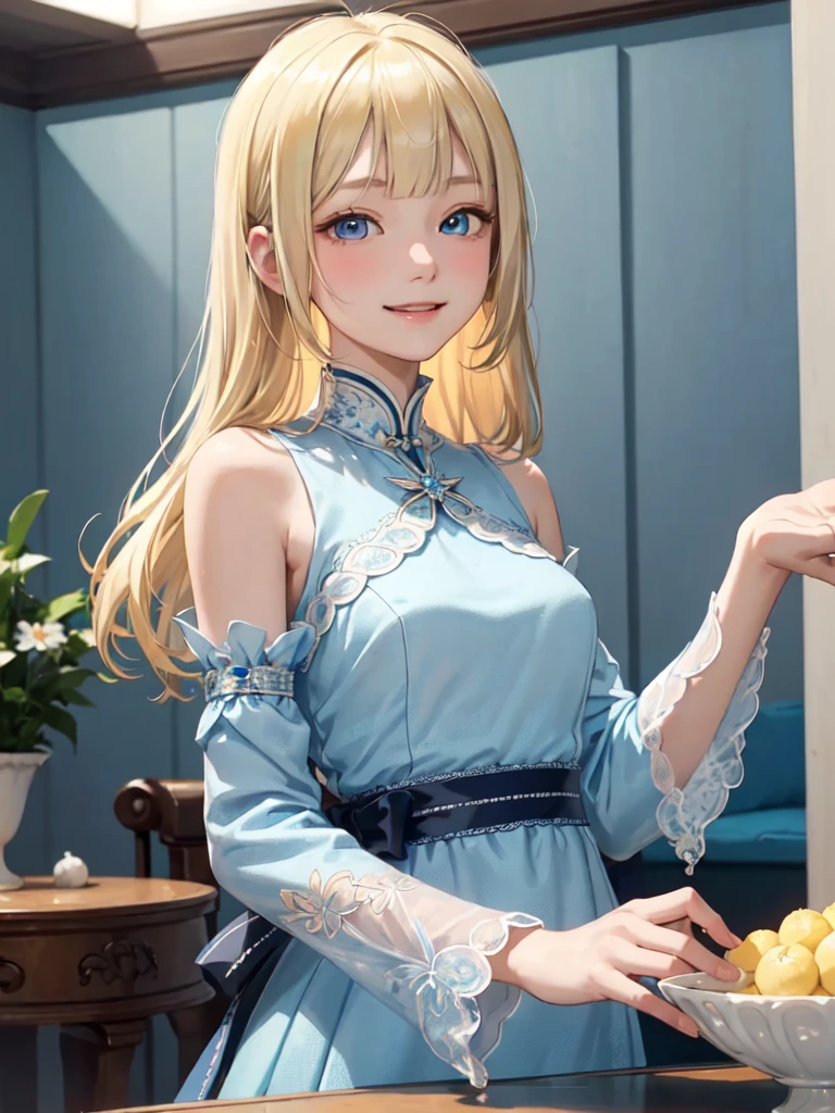 1lady, 独奏, young girl, , straight blonde hair, blunt bangs, Blue eyes, (smile), (masterpiece, best quality:1.2) delicate illustration, ultra-detailed, medium breasts, ((upper body)), (light blue dress), living room、Forced expression