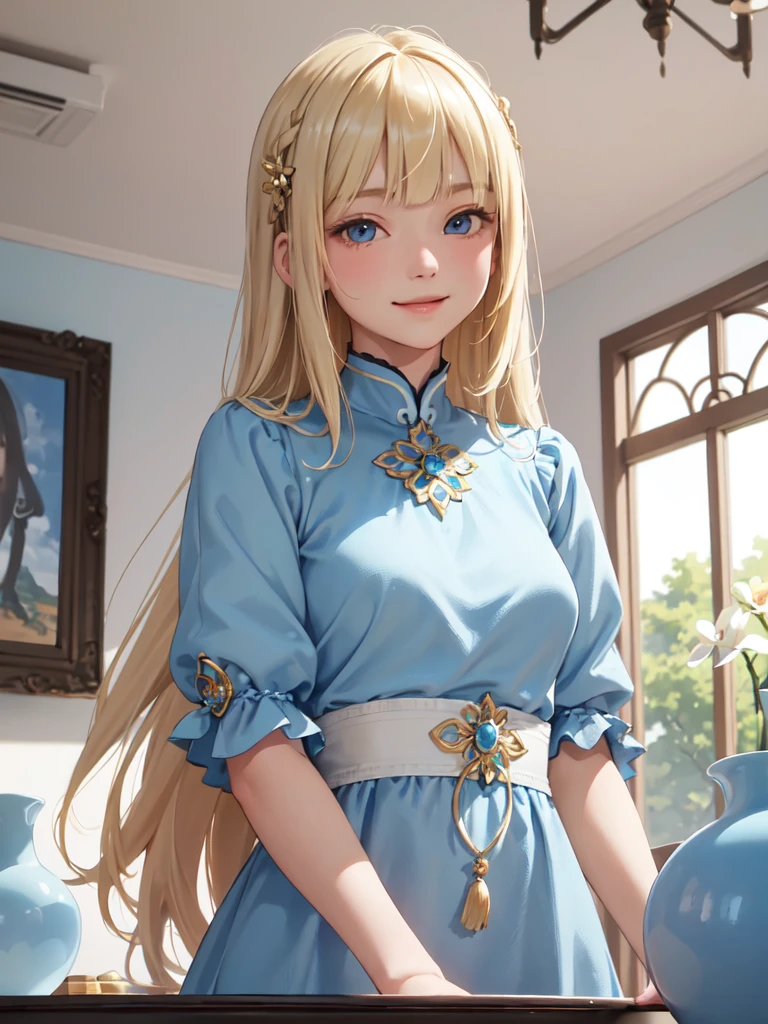 1lady, 独奏, young girl, , straight blonde hair, blunt bangs, Blue eyes, (smile), (masterpiece, best quality:1.2) delicate illustration, ultra-detailed, medium breasts, ((upper body)), (light blue dress), living room、Forced expression