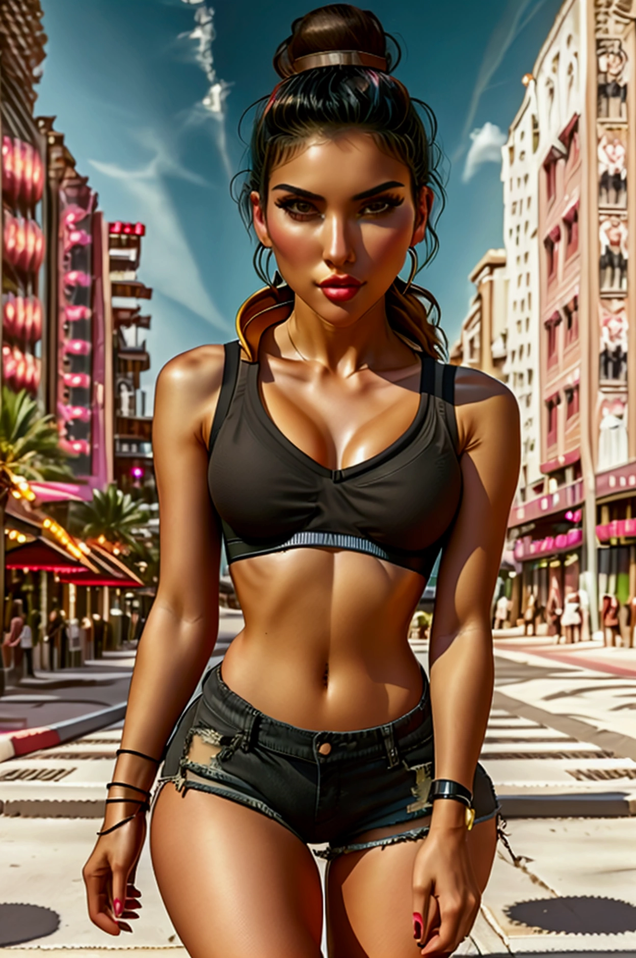 Woman 22 years old ig influencer with black shirt and denim shorts walking on a street, chica sexy wearing shorts, streetwear bra and shorts, athletic shapely legs and long legs, wearing a sexy crop top, chica sexy, pretty face with arms and legs, , posing on an urban street, on a city street, pose casual