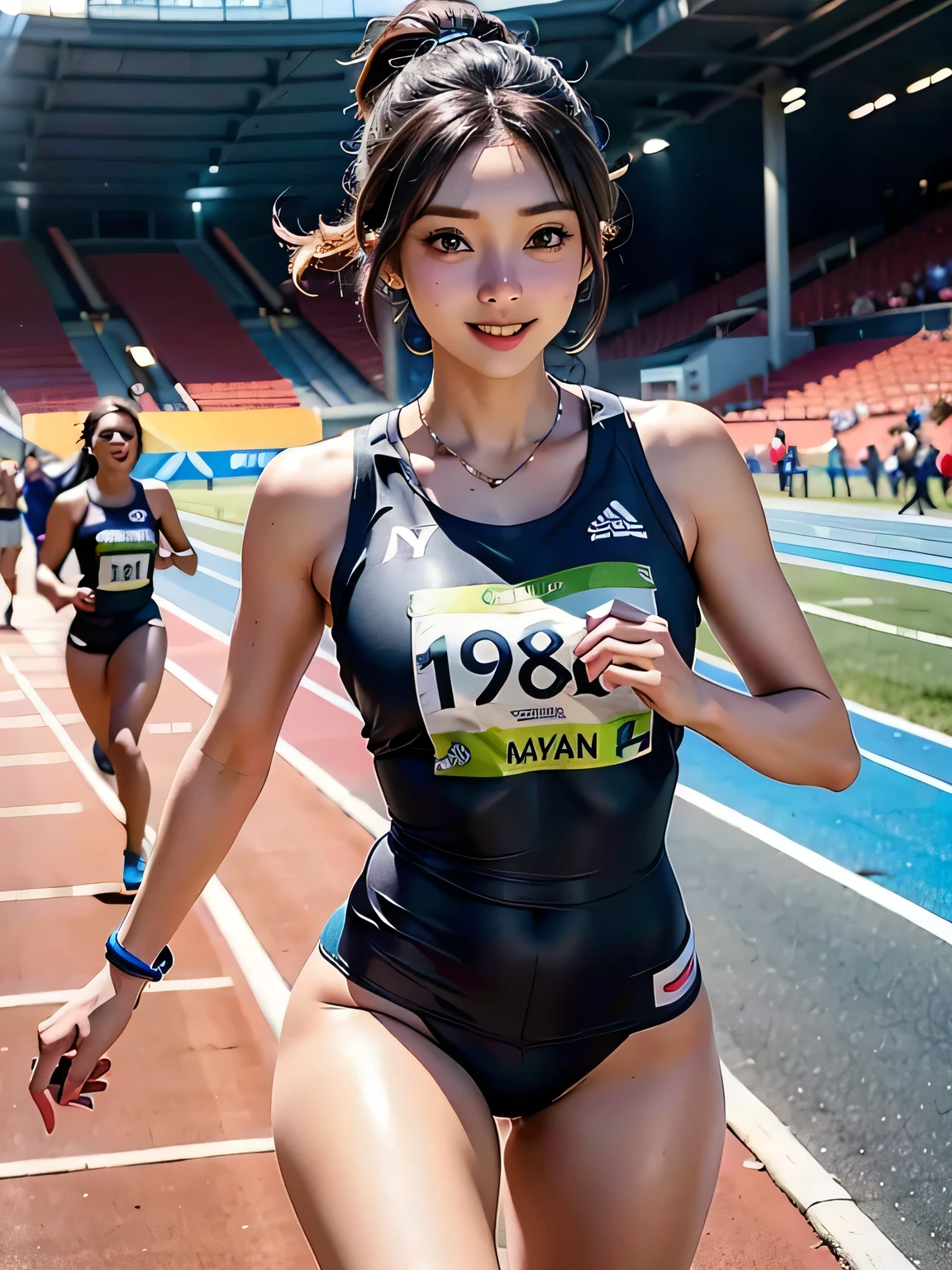 Female Athletes, , a young female track and field athlete in olympic uniform sprinting on a running track, Behind her are other runners, dynamic motion, confident smile running towards the viewer, other athletes in the background, (best quality,4K,8k,highres,masterpiece:1.2),ultra-detailed,(realistic,photorealistic,photo-realistic:1.37),professional photography,hyperrealistic,dynamic movement,dramatic lighting,vivid colors,athletic,powerful,cinematic, group_mf, (Everyone is wearing a bib with the Olympic rings on it)、(A magnificent athletics stadium)、Increased uniform transparency、Running with several people