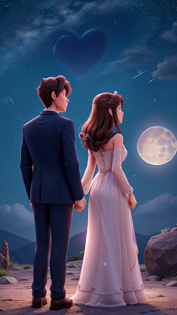 Description: A night scene with a starry sky, where the stars and the moon are shaped like hearts or symbols of love. The couple may be watching the sky, reflecting the calm and romance of the lyrics.
Elements: starry sky, heart shaped moon, couple looking up.